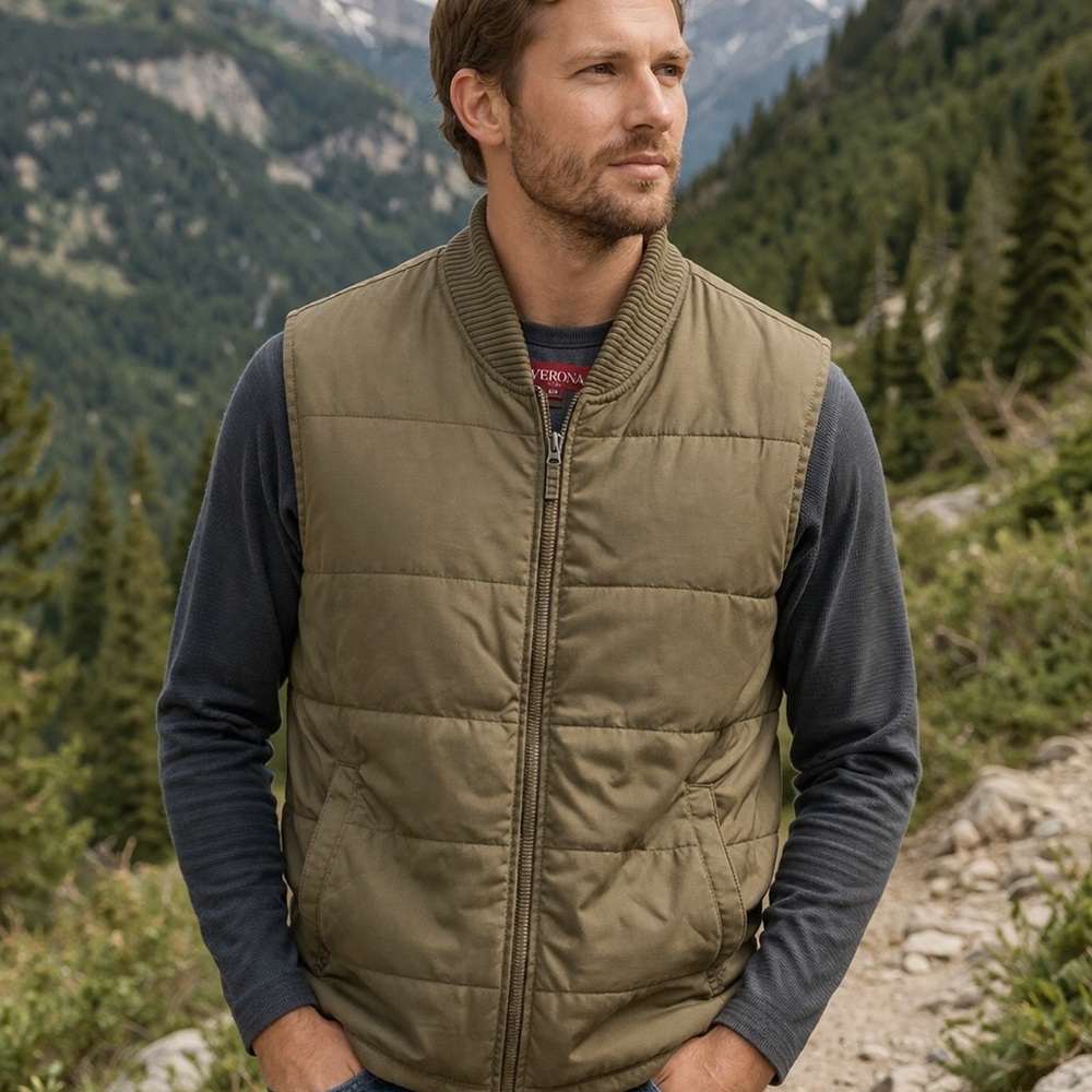 Men's Olive Quilted Light Weight Zip-Front Vest